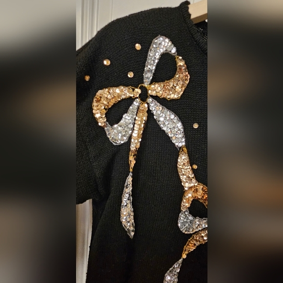 Gold Silver Sequin Bow Embroidery knit ramie cotton black sweater size M - Picture 4 of 14